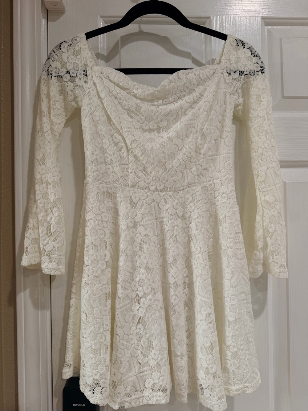 Lace Off-Shoulder Fit & Flare Dress in Cream